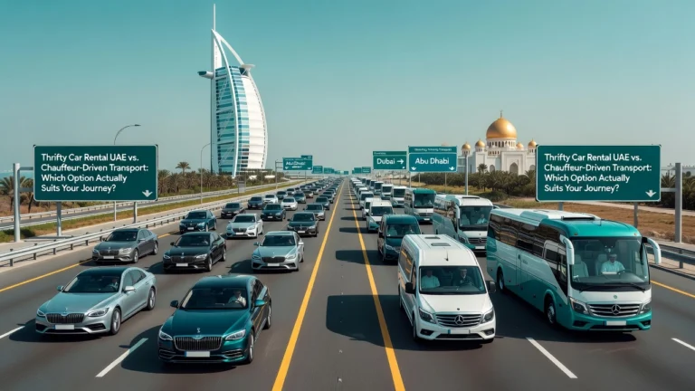 Professional header image for comparison analysis: Thrifty Car Rental UAE vs. Chauffeur-Driven Transport: Wh...