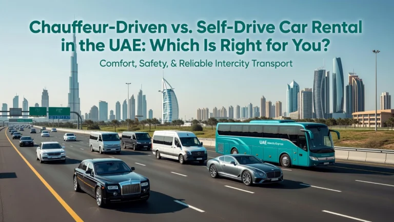 Professional header image for comparison analysis: Chauffeur-Driven vs. Self-Drive Car Rental in the UAE: Wh...