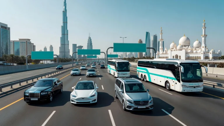 Professional header image for comparison analysis: Dubai to Abu Dhabi Transport: Every Option Compared