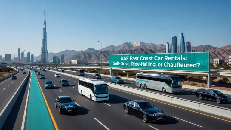 Professional header image for comparison analysis: UAE East Coast Car Rentals: Self-Drive, Ride-Hailing, or ...