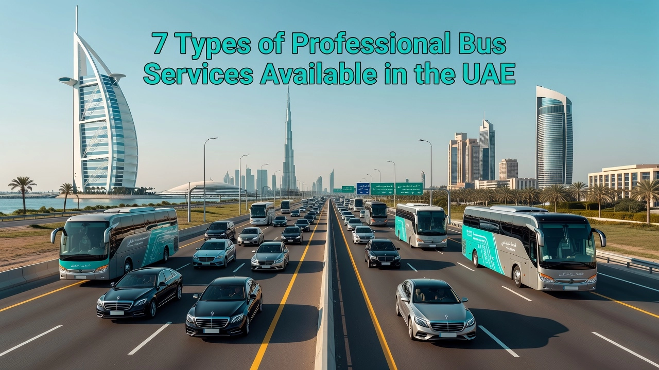 Professional header image for list-based article: 7 Types of Professional Bus Services Available in the UAE