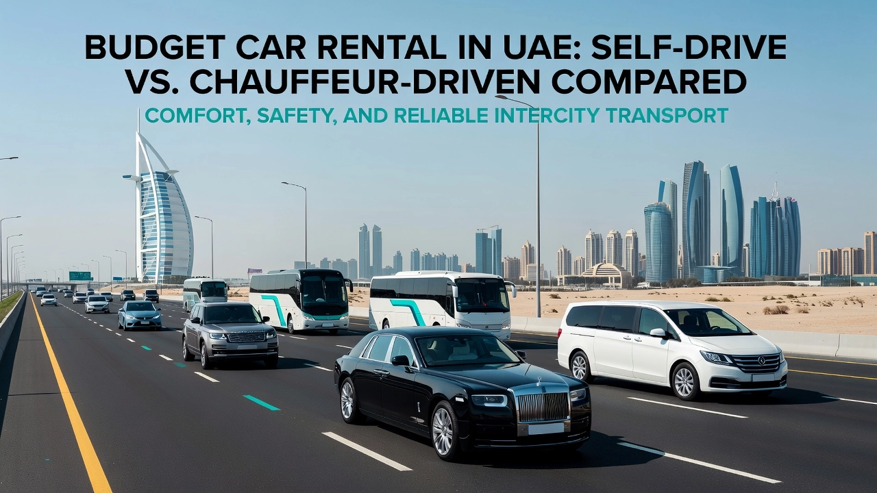 Professional header image for comparison analysis: Budget Car Rental in UAE: Self-Drive vs. Chauffeur-Driven...