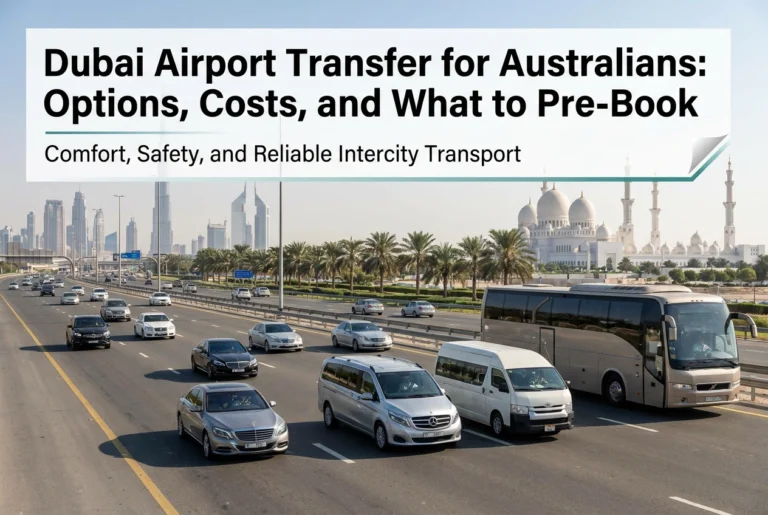 Professional header image for comparison analysis: Dubai Airport Transfer for Australians: Options, Costs, a...