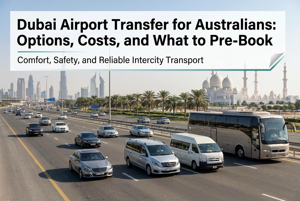 Professional header image for comparison analysis: Dubai Airport Transfer for Australians: Options, Costs, a...