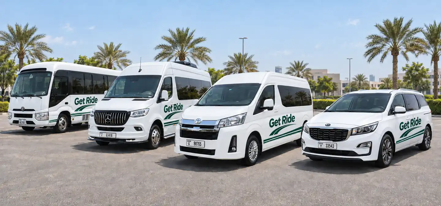 Get Ride pearl-white fleet featuring a Toyota Coaster, Mercedes Sprinter, Toyota Hiace and Kia Carnival in Dubai